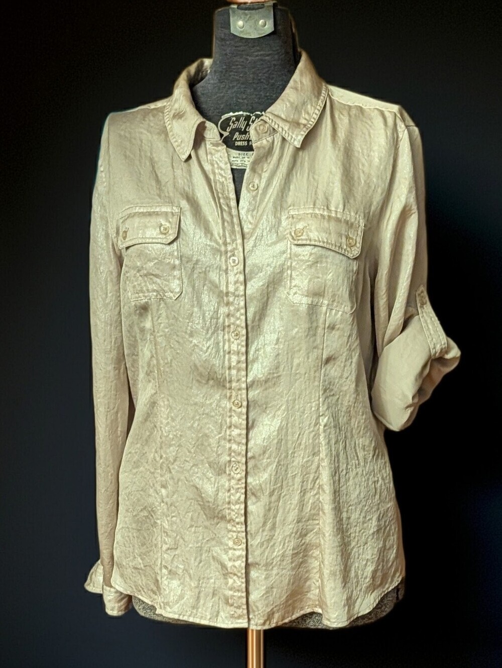 Calvin Klein 2021 Shimmery Metallic Gold Button Down Blouse Tactical Shirt Sz L